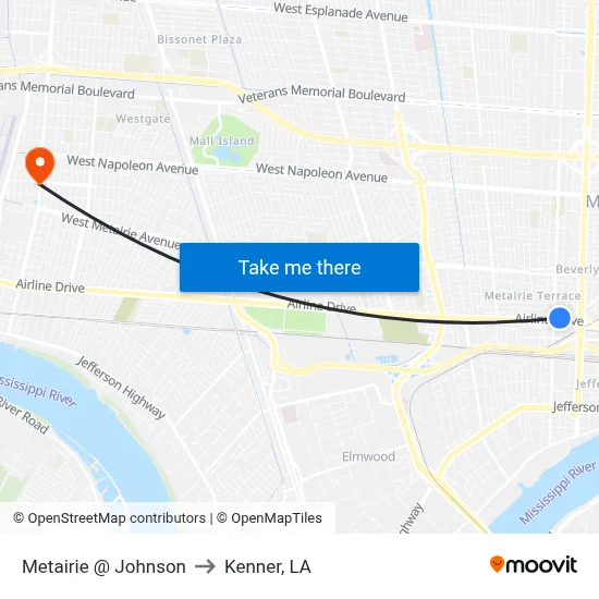 Metairie @ Johnson to Kenner, LA map