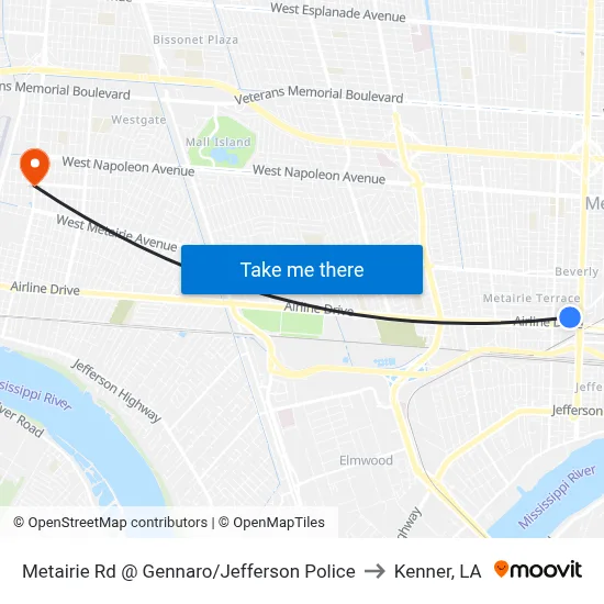 Metairie Rd @ Gennaro/Jefferson Police to Kenner, LA map