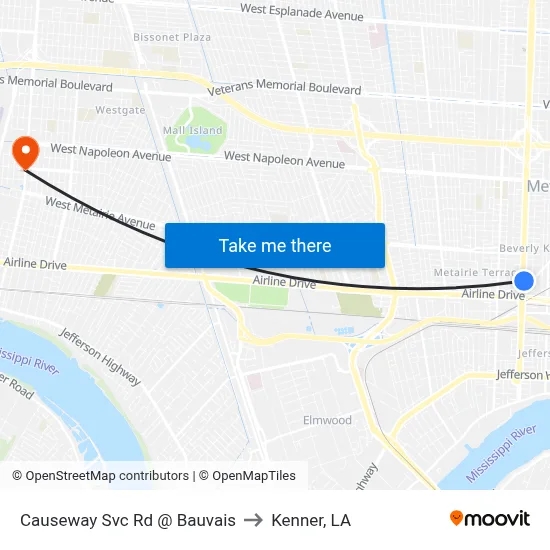 Causeway Svc Rd @ Bauvais to Kenner, LA map
