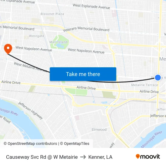 Causeway Svc Rd @ W Metairie to Kenner, LA map