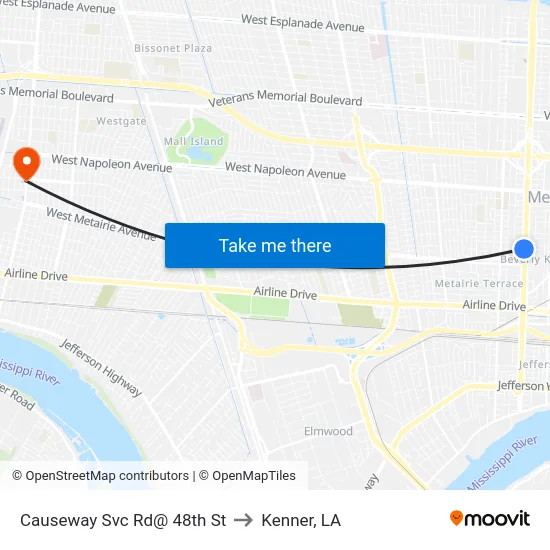 Causeway Svc Rd@ 48th St to Kenner, LA map