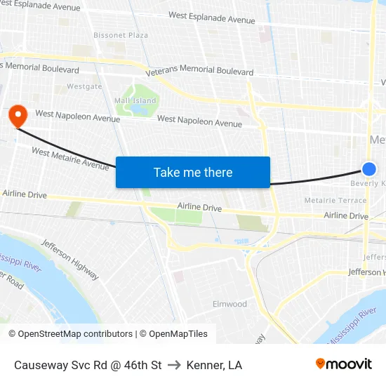 Causeway Svc Rd @ 46th St to Kenner, LA map