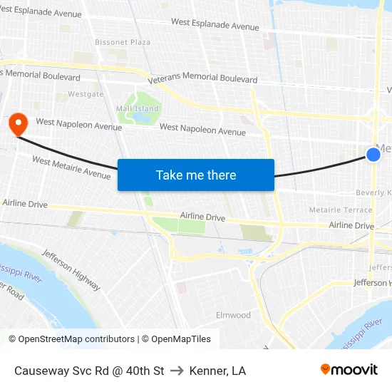 Causeway Svc Rd @ 40th St to Kenner, LA map