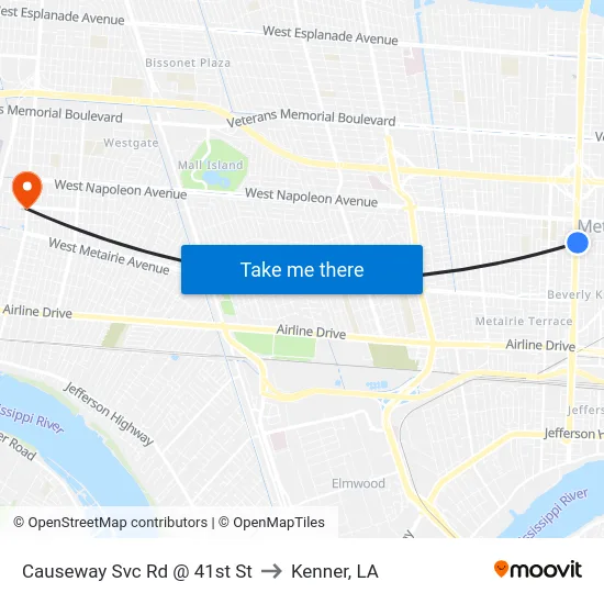 Causeway Svc Rd @ 41st St to Kenner, LA map