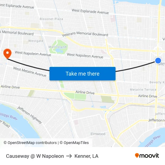 Causeway @ W Napoleon to Kenner, LA map