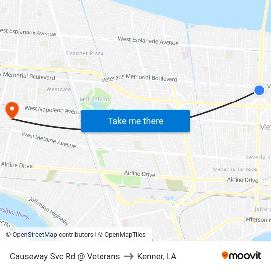Causeway Svc Rd @ Veterans to Kenner, LA map