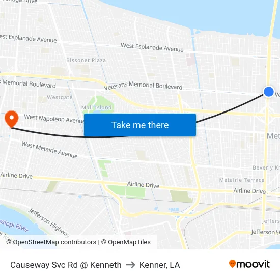 Causeway Svc Rd @ Kenneth to Kenner, LA map