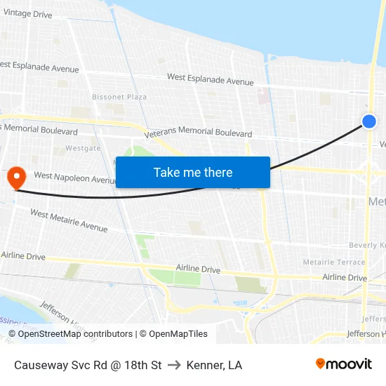 Causeway Svc Rd @ 18th St to Kenner, LA map