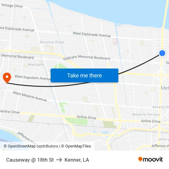 Causeway @ 18th St to Kenner, LA map