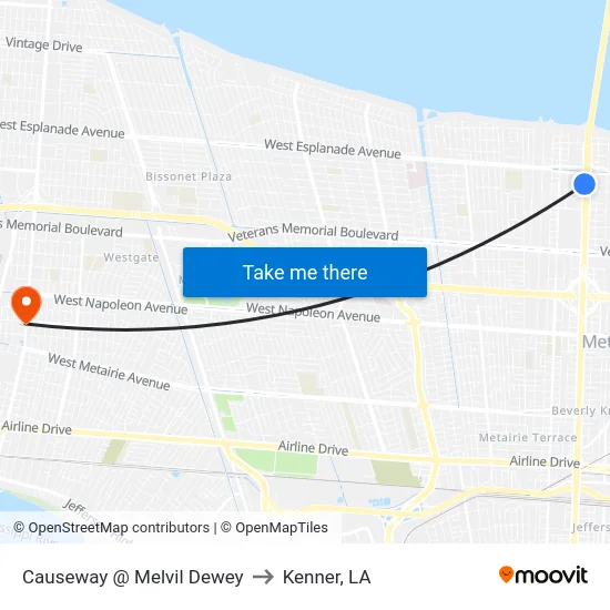 Causeway @ Melvil Dewey to Kenner, LA map
