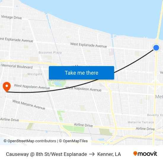 Causeway @ 8th St/West Esplanade to Kenner, LA map