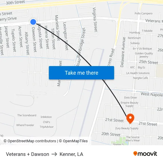 Veterans + Dawson to Kenner, LA map