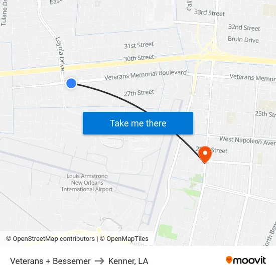 Veterans + Bessemer to Kenner, LA map