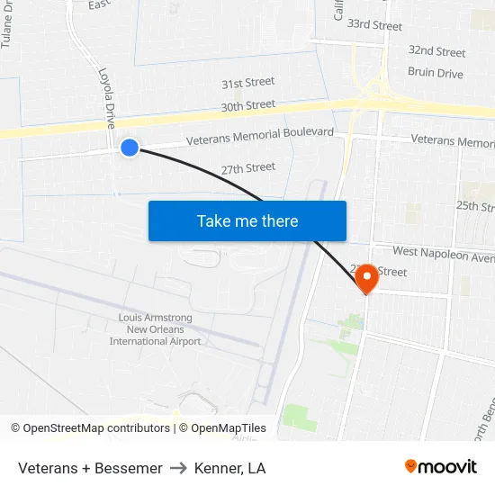 Veterans + Bessemer to Kenner, LA map