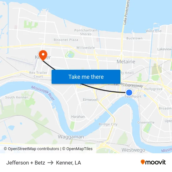 Jefferson + Betz to Kenner, LA map