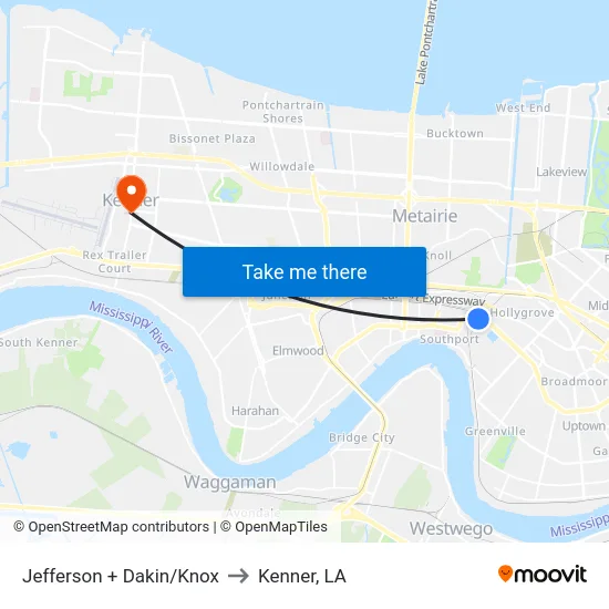 Jefferson + Dakin/Knox to Kenner, LA map