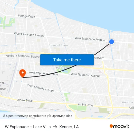 W Esplanade + Lake Villa to Kenner, LA map