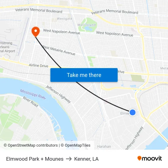 Elmwood Park + Mounes to Kenner, LA map