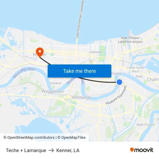 Teche + Lamarque to Kenner, LA map