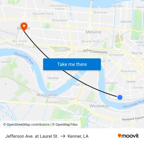 Jefferson Ave. at Laurel St. to Kenner, LA map