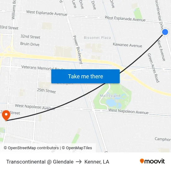 Transcontinental @ Glendale to Kenner, LA map