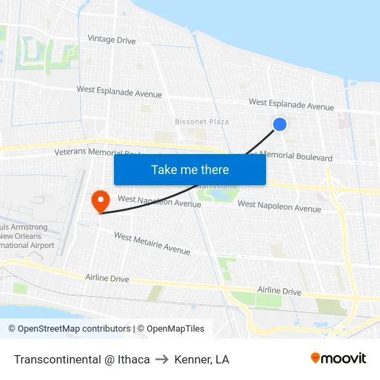 Transcontinental @ Ithaca to Kenner, LA map