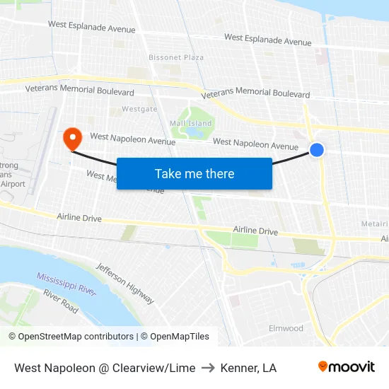 West Napoleon @ Clearview/Lime to Kenner, LA map