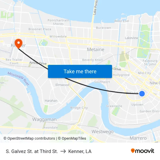 S. Galvez St. at Third St. to Kenner, LA map