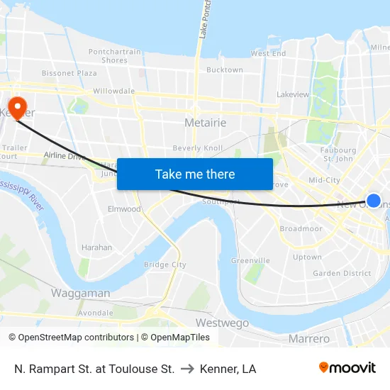 N. Rampart St. at Toulouse St. to Kenner, LA map