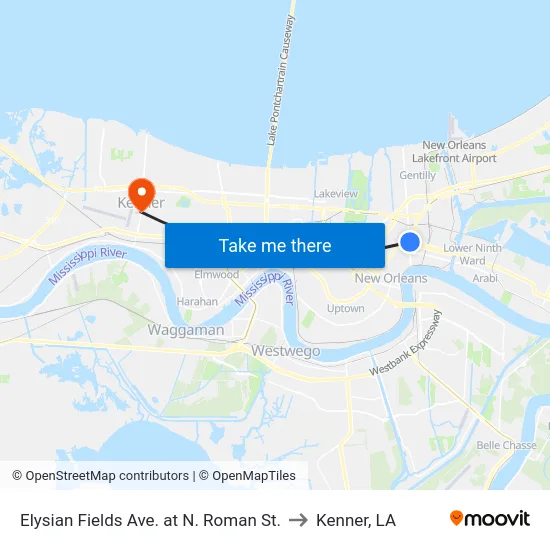 Elysian Fields Ave. at N. Roman St. to Kenner, LA map