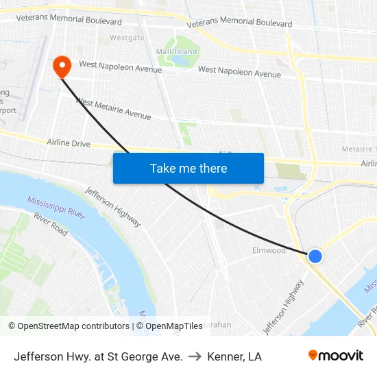 Jefferson Hwy. at St George Ave. to Kenner, LA map