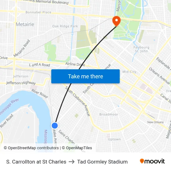 S. Carrollton at St Charles to Tad Gormley Stadium map