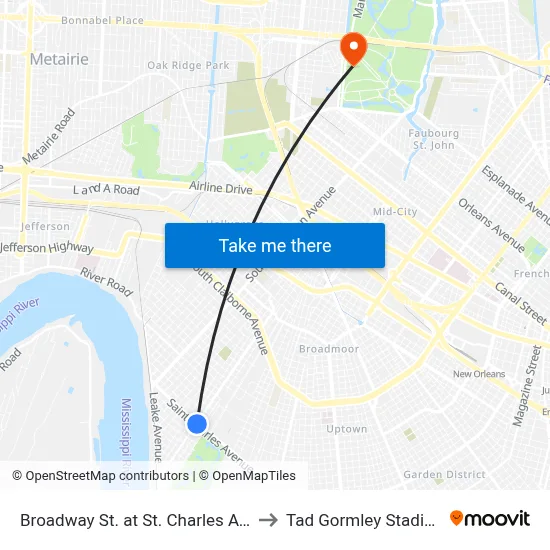 Broadway St. at St. Charles Ave. to Tad Gormley Stadium map