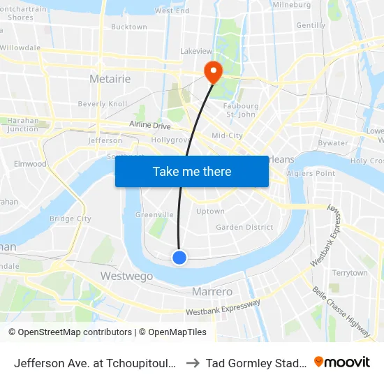 Jefferson Ave. at Tchoupitoulas St. to Tad Gormley Stadium map