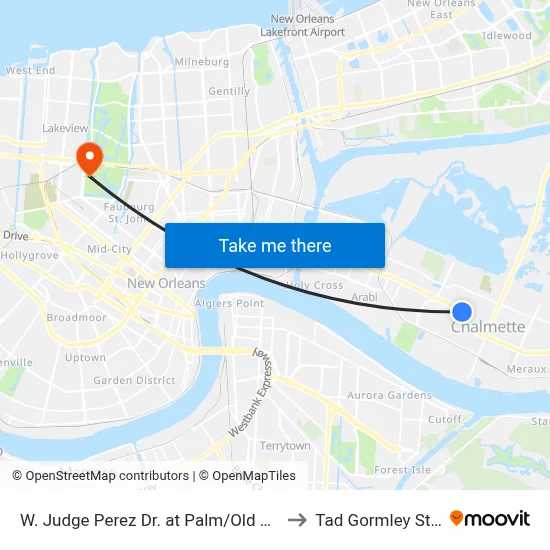 W. Judge Perez Dr. at Palm/Old Hickory Ave. to Tad Gormley Stadium map