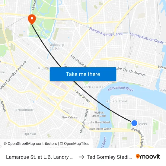 Lamarque St. at L.B. Landry Ave. to Tad Gormley Stadium map