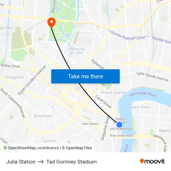 Julia Station to Tad Gormley Stadium map