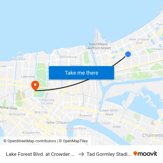 Lake Forest Blvd. at Crowder Blvd. to Tad Gormley Stadium map