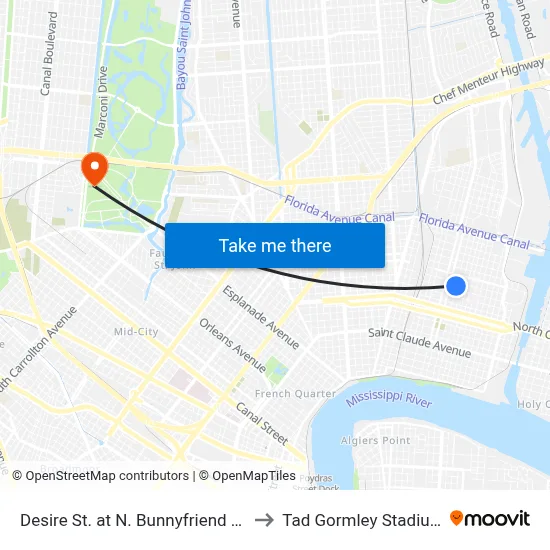 Desire St. at N. Bunnyfriend St. to Tad Gormley Stadium map