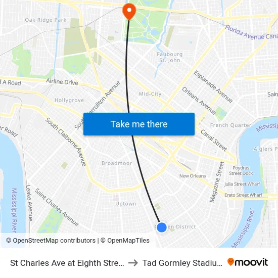 St Charles Ave at Eighth Street to Tad Gormley Stadium map