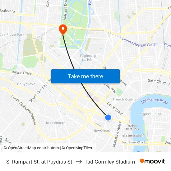 S. Rampart St. at Poydras St. to Tad Gormley Stadium map