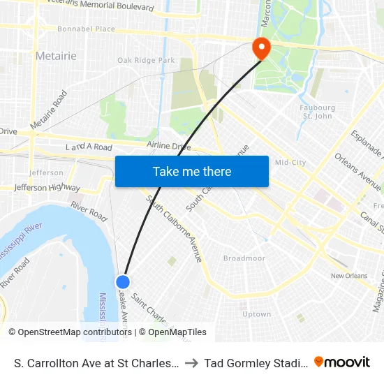 S. Carrollton Ave at St Charles Ave to Tad Gormley Stadium map