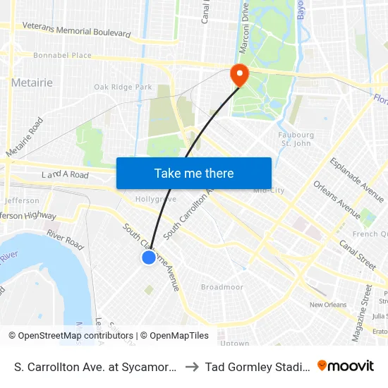 S. Carrollton Ave. at Sycamore St. to Tad Gormley Stadium map