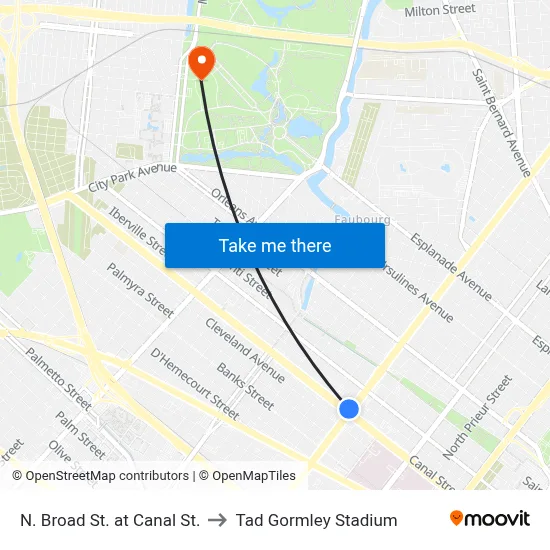 N. Broad St. at Canal St. to Tad Gormley Stadium map