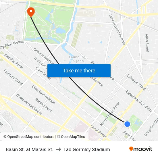 Basin St. at Marais St. to Tad Gormley Stadium map