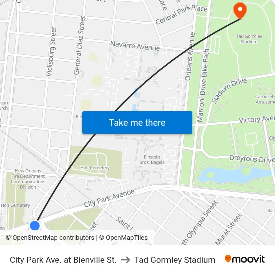 City Park Ave. at Bienville St. to Tad Gormley Stadium map
