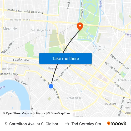 S. Carrollton Ave. at S. Claiborne Ave. to Tad Gormley Stadium map