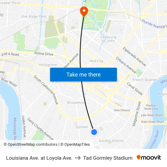 Louisiana Ave. at Loyola Ave. to Tad Gormley Stadium map