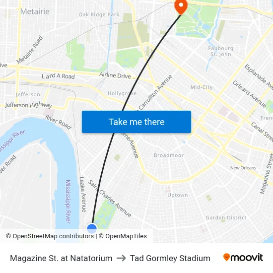 Magazine St. at Natatorium to Tad Gormley Stadium map