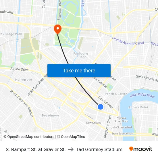 S. Rampart St. at Gravier St. to Tad Gormley Stadium map